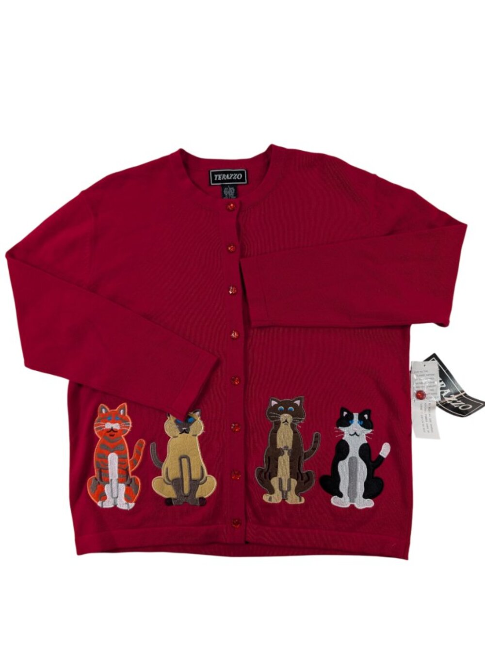 Vtg Red Embroidered Cat Cardigan Sweater NWT Large Grandmacore Whimsical Granny
